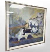 After Johannes Larsen : Duck on a river, colour print, 76cm x 69cm.