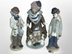 Three Lladró figures of clowns to include Circus Sam, Surprise, and Sad Sax No. 5471.