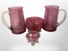 Four pieces of Victorian cranberry glass,