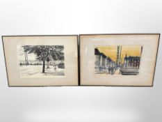 Two continental lithographs depicting figures by a canal, each 63cm x 45cm.