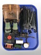 A group of Tri-ang rolling stock, antique pair of binoculars,