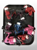 Eight Fish-on fishing reels in various colours (in retail condition).