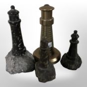 Three carved stone lighthouses and a further table lighter in the form of a lighthouse,