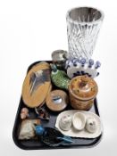 A group of glass, ceramics, and other items including Delft tulip vase, crystal vase,