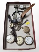 A group of pocket watches, lady's gold-plated fob watch, modern lady's and gent's wristwatches.