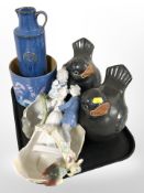 Two Danish ceramic figures of birds and further Scandinavian ceramics include blue-glazed jug,