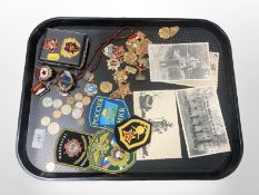 A group of reproduction Soviet enamelled badges and decorations, cigarette box,