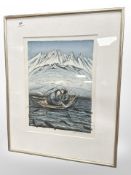 Danish school : A lithograph with crayon depicting figures in a boat, 35cm x 47cm.