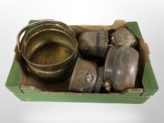 A group of copper and brass pots, planters, coal bucket, etc.