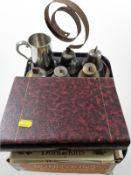 A group of metal bells, tankard, boxed Royal Doulton Bunnykins ceramics,