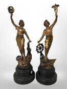 A pair of gilded spelter figures on Bakelite socles,