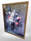 A contemporary gilt-framed print depicting a vase of flowers, 108cm x 134cm.