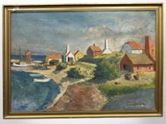 Danish school : Coastal village scene, oil on canvas, 96cm x 66cm.