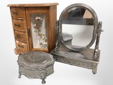 A contemporary jewellery box, height 27cm, together with a plated swing mirror,