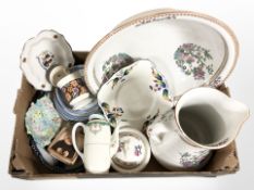 A group of ceramics including transfer-printed pottery wash jug and basin,