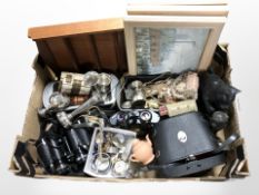 A quantity of silver-plated wares, two pairs of binoculars, ornaments, contemporary wristwatches,