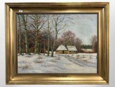 A Lund : Farm buildings in a snow-covered landscape, oil on canvas, 87cm x 64cm.