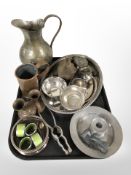 A collection of metal wares, pewter chamber stick, silver-plated gallery tray and further vessels,