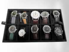 An interesting collection of ten military-style watches, all with straps,