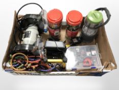 A Macallister bench grinder, quantity of bungee cords, site light,