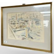 Danish school : Cartoon sketch of a canal, pen and ink with crayon, 43cm x 31cm.