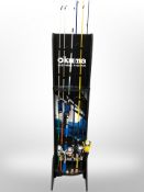 An Okuma fishing rod stand containing six various rods including Fish-on, Okuma,