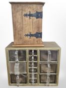 A gilt cabinet with glass drawers, width 42cm, and a further small wall cabinet.