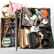A quantity of contemporary ornaments, table boxes, two walking sticks, dolls in wicker basket,