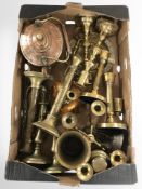 A group of Victorian and later brass and copper wares, candlesticks, kettle,