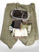 Two pairs of tweed Isaac Walton trousers, together with a quantity of silk scarves including Fiorio,