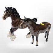 A Beswick cantering shire horse and another horse, both brown gloss, height 21cm.