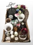 An Austrian porcelain part tea set, ceramic table sifters, carved finials, wrought-metal cake stand,