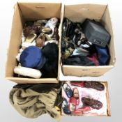A quantity of clothing and handbags, children's vintage leather shoes, etc.