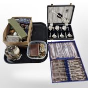 Two canteens of cutlery, a small tub of costume jewellery, ceramic figure of a cat,