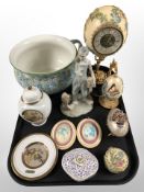 A group of ornaments including quartz timepiece in the form of an egg, Chokin Ware ceramics,