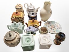 A group of miscellaneous ceramics, mottled glass vase, reproduction Clarice Cliff Art Deco teapot,