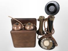A Bakelite candlestick telephone with GPO bell box.