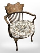 A Victorian mahogany satin wood and bone inlaid occasional chair