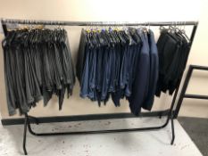A rail of Gent's navy formal blazers, striped trousers, grey striped trousers and black trousers,