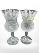 A pair of Edinburgh Crystal wine glasses etched with thistles, height 18.5cm (as found).