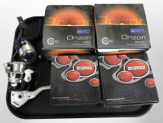 Two boxed Orizon 450 and 6000 fixed-spool fishing reels, two boxed Nomura reels,