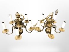 A pair of brass five-sconce light fittings, wired for electricity, diameter 40cm.