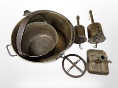 Two Victorian brass jam pans, two brass spit jacks, a chamber stick, etc.