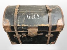 A 19th century leather and canvas bound domed trunk,