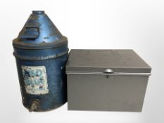 An Esso blue paraffin container, height 49cm, together with a metal document box.