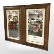 A pair of late-Victorian oak-framed hand-painted mirrors, each 79cm x 47cm.