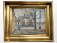 Danish school : Figure in a street, oil on canvas, 32cm x 23cm.