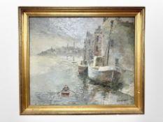 Edward Reginald Kirkness (British, 1900-1979) Industrial riverscape with figure in a rowing boat,