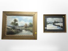 British school (late-19th century) : A calm stream or lake with cottage on the shore, oil on board,