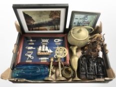 A framed montage of nautical knots, pair of brass candlesticks, similar vase and kettle,